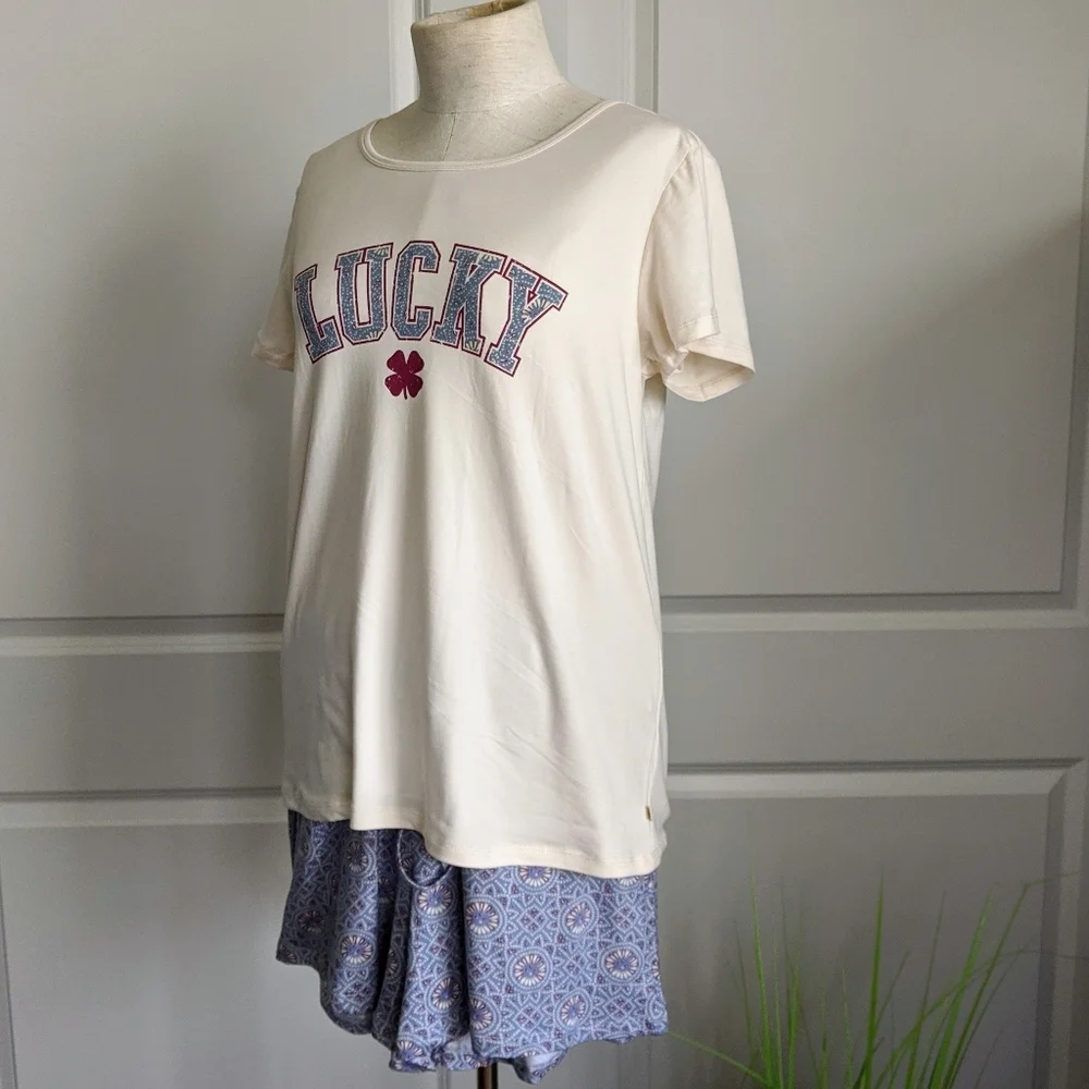 Lucky Brand Pajama Lounge Set Shorts Short Sleeve Tee Top White Red Blue M NWT - Picture 4 of 13